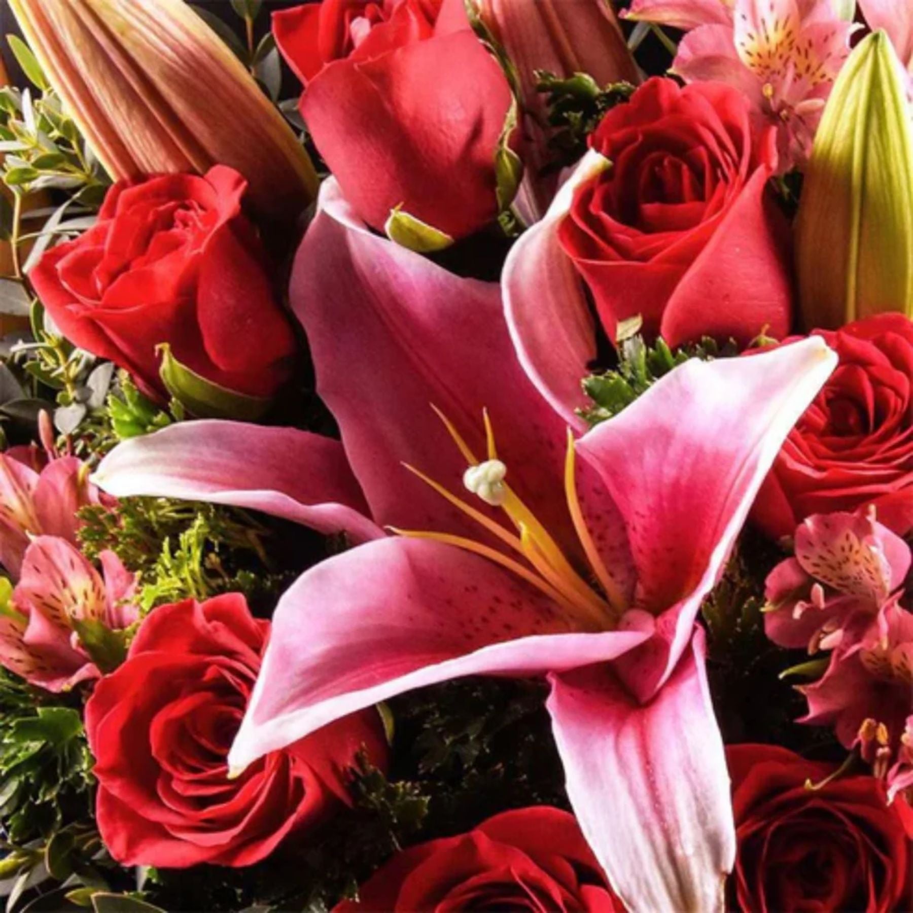 Luxury Red Roses and Pink Lilies in Black Wrap