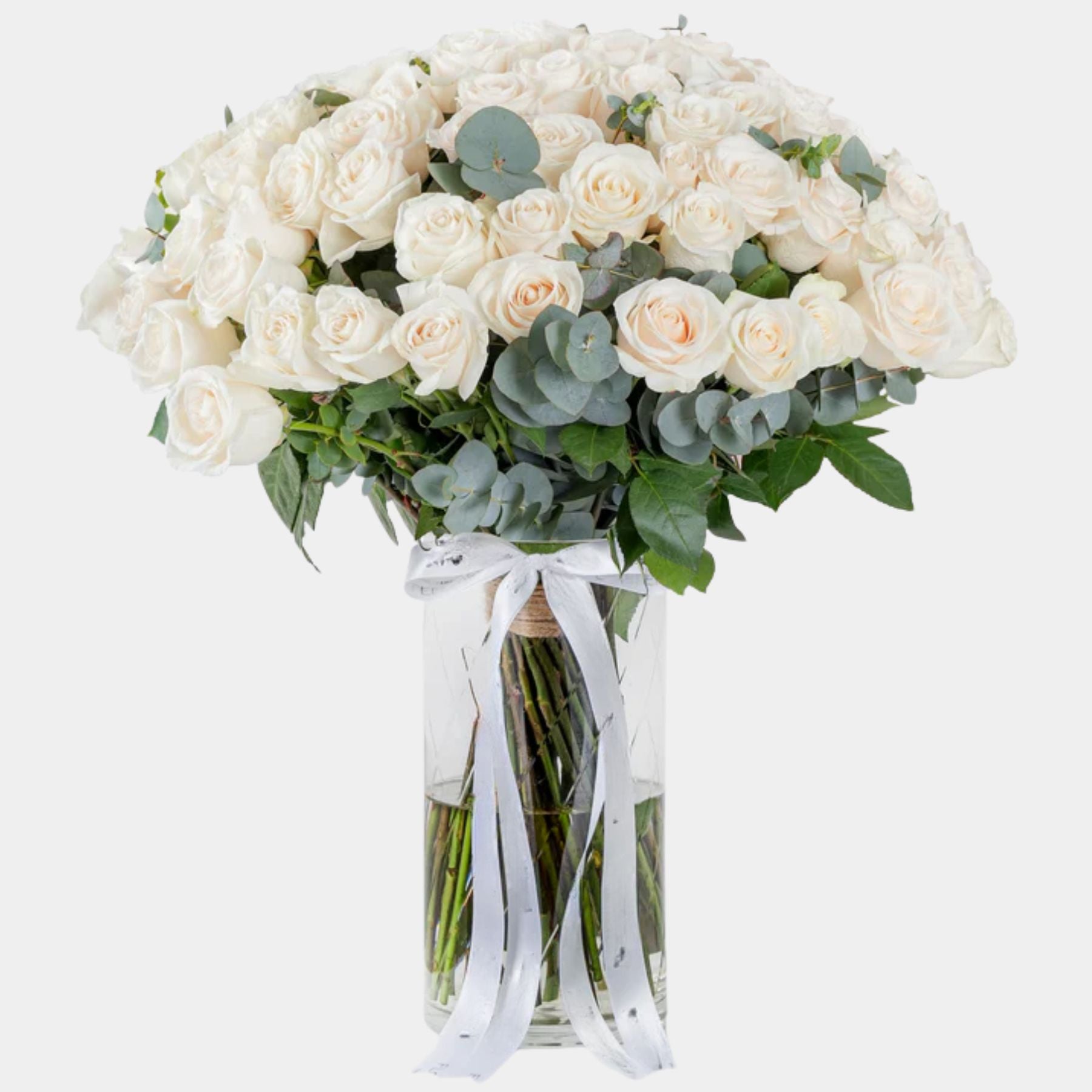 100 Luxury White Roses Vase
